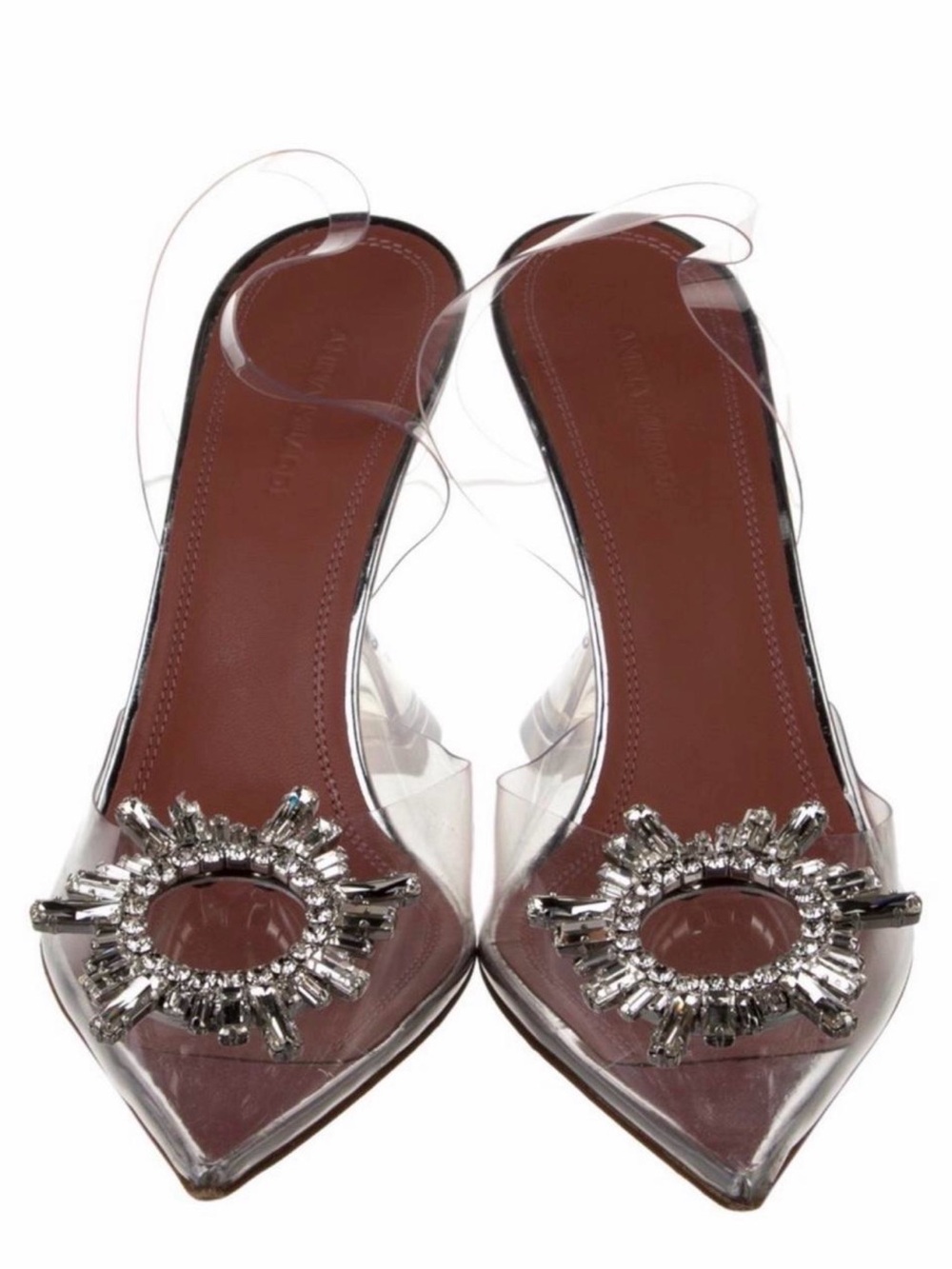 Amina Muaddi Clear Pointed Slingback Heels with Crystal Embellishment